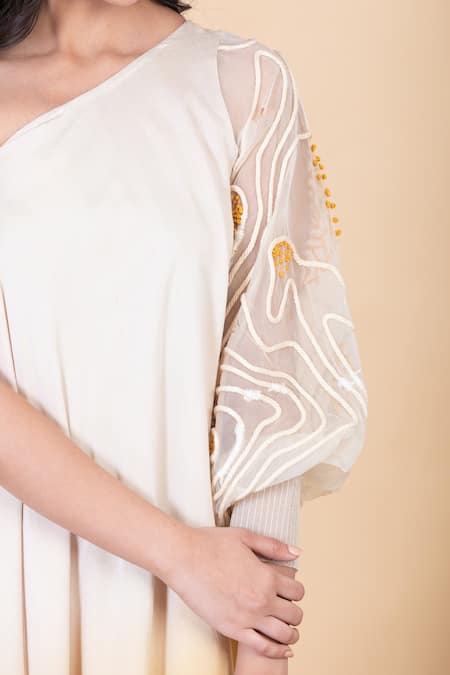 Chambray & CO._Yellow Silk Crystals One Shoulder Ombre Flared Dress _Online_at_Aza_Fashions