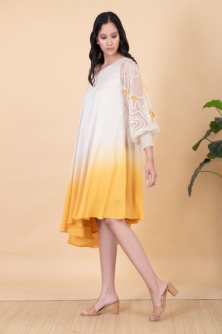 Shop_Chambray & CO._Yellow Silk Crystals One Shoulder Ombre Flared Dress _Online_at_Aza_Fashions