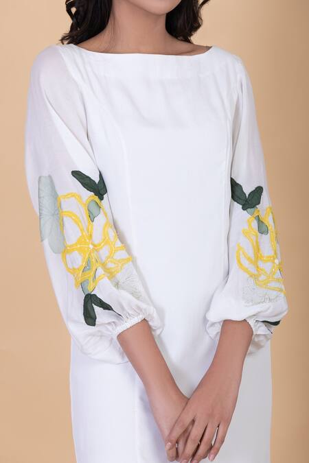 Chambray & CO._White Silk Embroidery Boat Neck Aurora Sleeve Kurta And Pant Set _at_Aza_Fashions