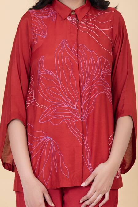 Chambray & CO._Red Silk Embroidery Collared Elsa Shirt And Pant Set _Online_at_Aza_Fashions