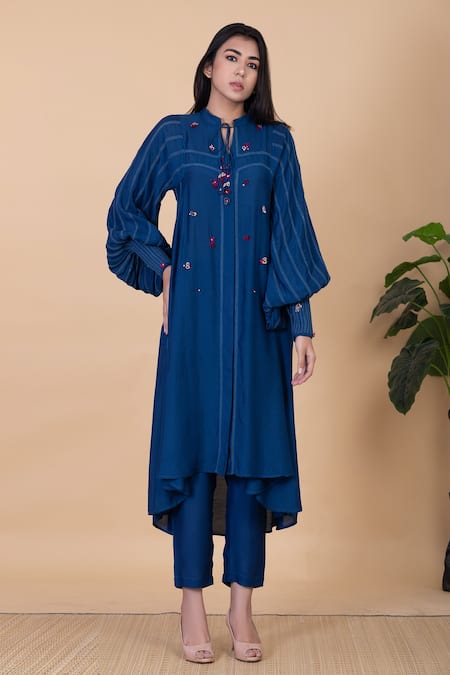 Buy_Chambray & Co._Blue Silk Crystals Bandeau Neck Zairi Thread Embroidered Kurta And Pant Set _Online_at_Aza_Fashions
