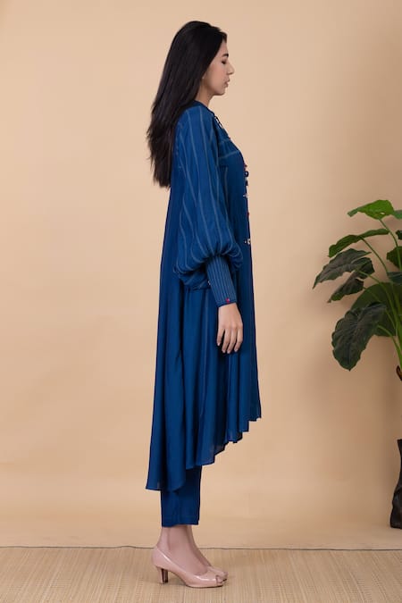 Shop_Chambray & Co._Blue Silk Crystals Bandeau Neck Zairi Thread Embroidered Kurta And Pant Set _Online_at_Aza_Fashions