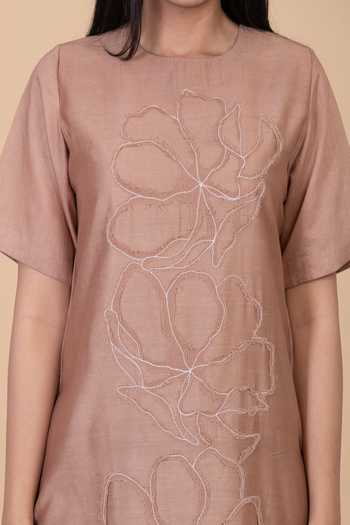 Chambray & Co._Brown Silk Round Neck Cora Applique Embroidered Kurta And Pant Set _Online_at_Aza_Fashions