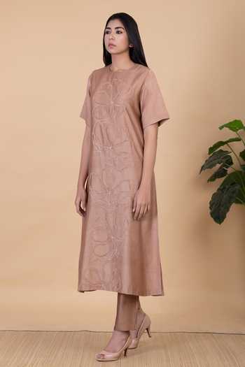 Buy_Chambray & Co._Brown Silk Round Neck Cora Applique Embroidered Kurta And Pant Set _Online_at_Aza_Fashions