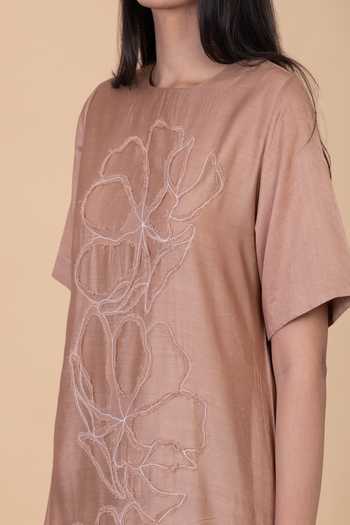 Shop_Chambray & Co._Brown Silk Round Neck Cora Applique Embroidered Kurta And Pant Set _Online_at_Aza_Fashions