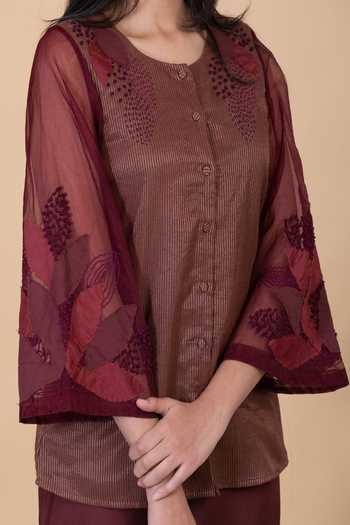 Chambray & Co._Wine Silk Embroidery Round Neck Daliah Stripe Pattern Shirt And Pant Set _Online_at_Aza_Fashions