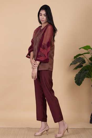 Buy_Chambray & Co._Wine Silk Embroidery Round Neck Daliah Stripe Pattern Shirt And Pant Set _Online_at_Aza_Fashions