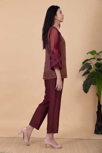 Shop_Chambray & Co._Wine Silk Embroidery Round Neck Daliah Stripe Pattern Shirt And Pant Set _Online_at_Aza_Fashions