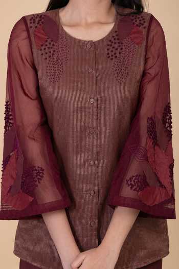 Chambray & Co._Wine Silk Embroidery Round Neck Daliah Stripe Pattern Shirt And Pant Set _at_Aza_Fashions