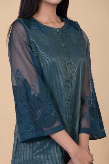 Chambray & Co._Blue Silk Embroidery Round Neck Avah Sleeve Shirt And Pant Set _Online_at_Aza_Fashions