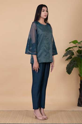 Buy_Chambray & Co._Blue Silk Embroidery Round Neck Avah Sleeve Shirt And Pant Set _Online_at_Aza_Fashions