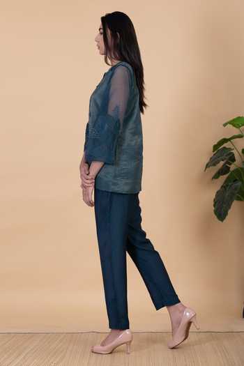 Shop_Chambray & Co._Blue Silk Embroidery Round Neck Avah Sleeve Shirt And Pant Set _Online_at_Aza_Fashions