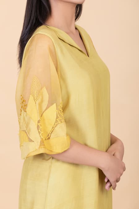 Shop_Chambray & CO._Yellow Silk Embroidery Collared Floral Thread Kurta Set _Online_at_Aza_Fashions