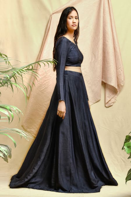 Chambray & CO. Blue Silk Beads Round Neck Embroidered Blouse And Lehenga Set at Aza Fashions Chambray & CO._Blue Silk Beads Round Neck Embroidered Blouse And Lehenga Set _at_Aza_Fashions