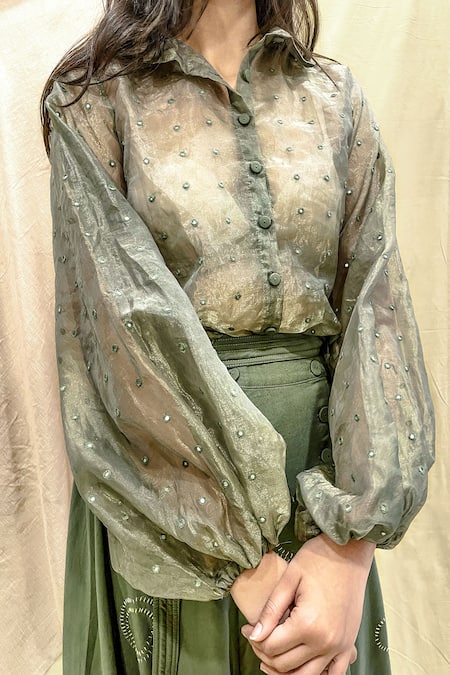 Chambray & CO. Green Organza, Twill Mirrors Shawl Neck Embroidered Shirt And Skirt Set Online at Aza Fashions Chambray & CO._Green Organza, Twill Mirrors Shawl Neck Embroidered Shirt And Skirt Set _Online_at_Aza_Fashions