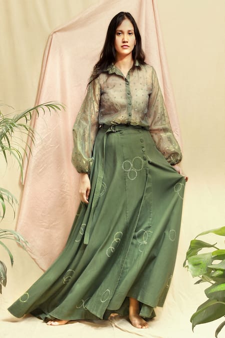 Buy Chambray & CO. Green Organza, Twill Mirrors Shawl Neck Embroidered Shirt And Skirt Set Online at Aza Fashions Buy_Chambray & CO._Green Organza, Twill Mirrors Shawl Neck Embroidered Shirt And Skirt Set _Online_at_Aza_Fashions