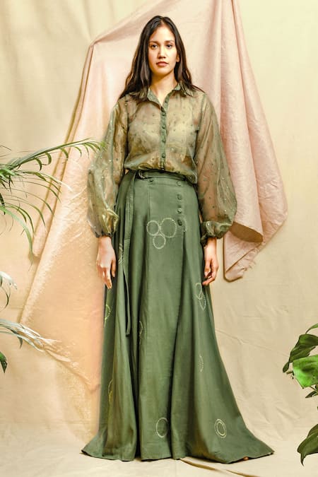 Shop Chambray & CO. Green Organza, Twill Mirrors Shawl Neck Embroidered Shirt And Skirt Set Online at Aza Fashions Shop_Chambray & CO._Green Organza, Twill Mirrors Shawl Neck Embroidered Shirt And Skirt Set _Online_at_Aza_Fashions