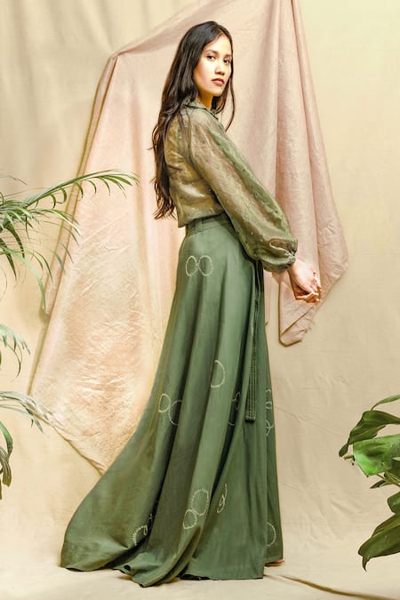 Chambray & CO. Green Organza, Twill Mirrors Shawl Neck Embroidered Shirt And Skirt Set at Aza Fashions Chambray & CO._Green Organza, Twill Mirrors Shawl Neck Embroidered Shirt And Skirt Set _at_Aza_Fashions