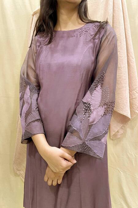 Chambray & Co._Purple Vegan Silk Embroidered Applique Round Floral Kurta Set _Online_at_Aza_Fashions