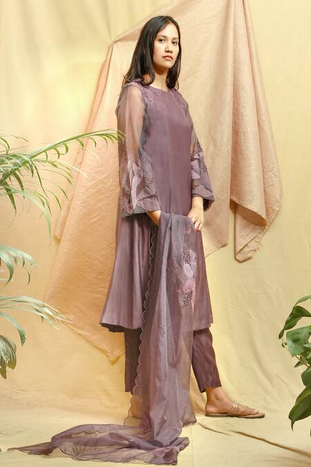 Shop_Chambray & Co._Purple Vegan Silk Embroidered Applique Round Floral Kurta Set _Online_at_Aza_Fashions