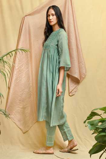 Shop_Chambray & Co._Green Chanderi, Muslin Embroidery Round Neck Kurta And Pant Set _Online_at_Aza_Fashions