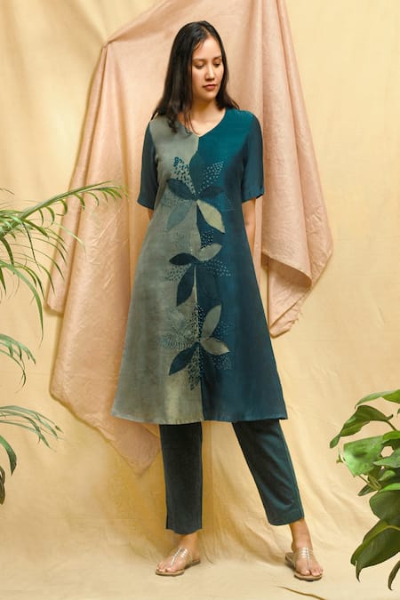 Buy Chambray & CO. Green Cotton, Tissue, Chanderi Embroidery V-neck Straight Kurta And Pant Set Online at Aza Fashions Buy_Chambray & CO._Green Cotton, Tissue, Chanderi Embroidery V-neck Straight Kurta And Pant Set _Online_at_Aza_Fashions