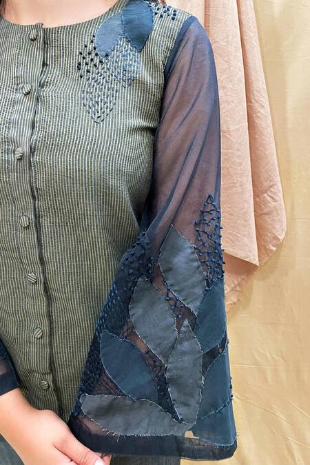 Chambray & Co._Blue Zari Woven Chanderi Embroidered Hand Applique Round Top And Pant Set _Online_at_Aza_Fashions