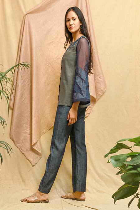 Chambray & Co._Blue Zari Woven Chanderi Embroidered Hand Applique Round Top And Pant Set _at_Aza_Fashions