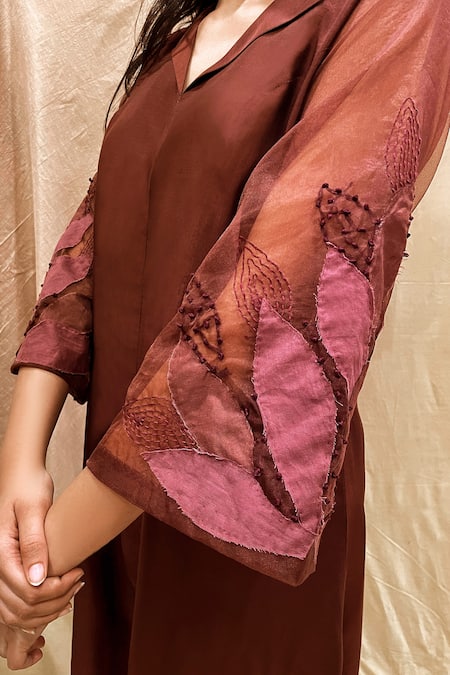 Chambray & CO._Wine Vegan Silk Embroidered Hand Applique Lapel Kurta And Pant Set _Online_at_Aza_Fashions
