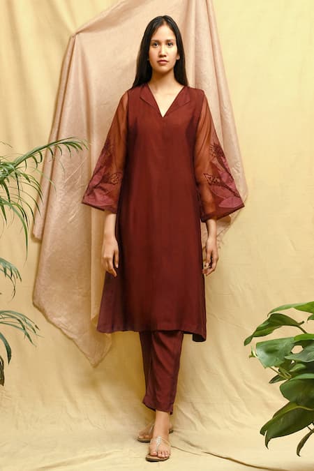 Buy_Chambray & CO._Wine Vegan Silk Embroidered Hand Applique Lapel Kurta And Pant Set _Online_at_Aza_Fashions