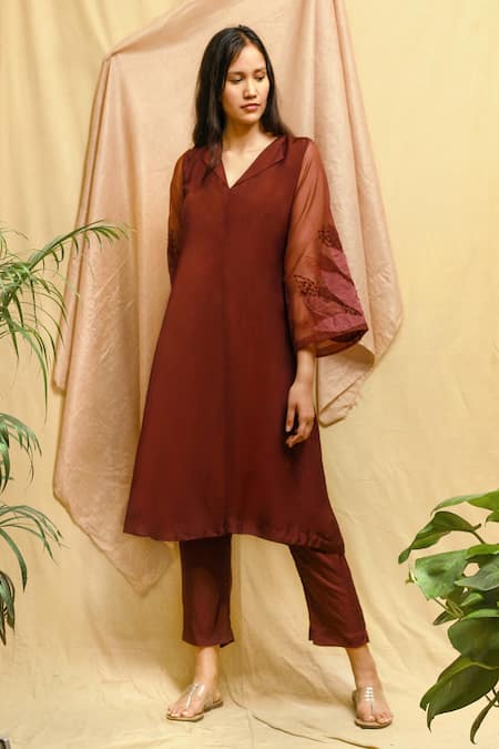 Shop_Chambray & CO._Wine Vegan Silk Embroidered Hand Applique Lapel Kurta And Pant Set _Online_at_Aza_Fashions