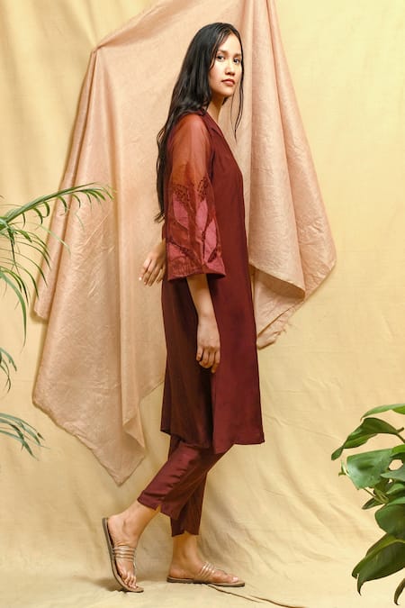 Chambray & CO._Wine Vegan Silk Embroidered Hand Applique Lapel Kurta And Pant Set _at_Aza_Fashions