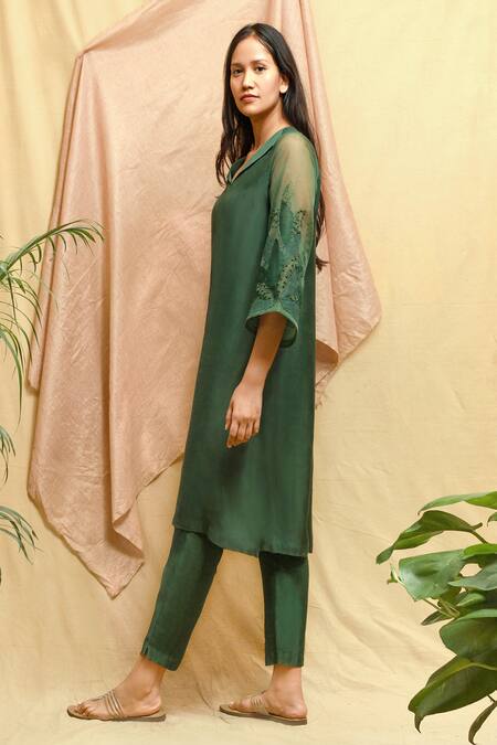 Shop_Chambray & CO._Green Organza, Silk, Velvet Embroidery Collared Straight Kurta And Pant Set _Online_at_Aza_Fashions