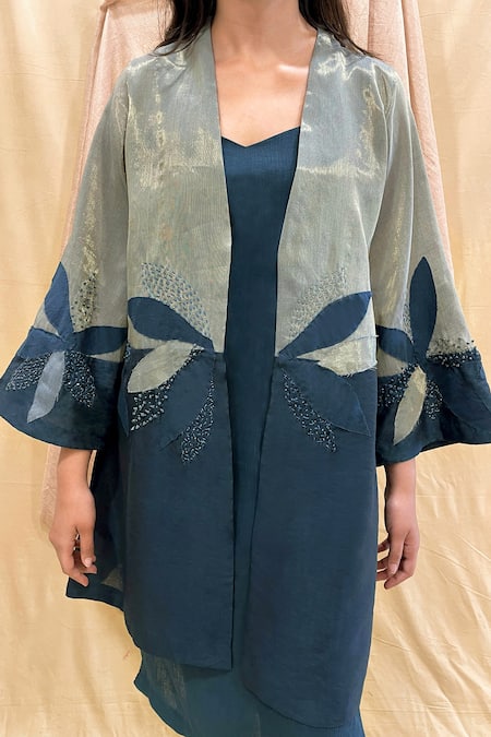 Chambray & CO. Green Chanderi, Tissue, Silk Embroidery V-neck Applique Jacket Set Online at Aza Fashions Chambray & CO._Green Chanderi, Tissue, Silk Embroidery V-neck Applique Jacket Set _Online_at_Aza_Fashions
