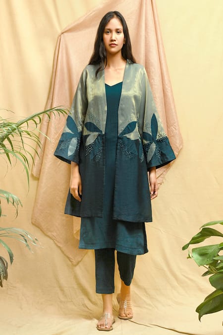 Buy Chambray & CO. Green Chanderi, Tissue, Silk Embroidery V-neck Applique Jacket Set Online at Aza Fashions Buy_Chambray & CO._Green Chanderi, Tissue, Silk Embroidery V-neck Applique Jacket Set _Online_at_Aza_Fashions
