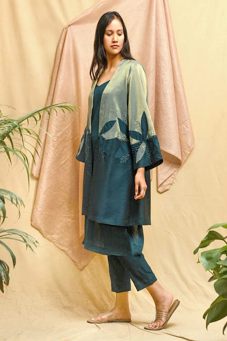 Shop Chambray & CO. Green Chanderi, Tissue, Silk Embroidery V-neck Applique Jacket Set Online at Aza Fashions Shop_Chambray & CO._Green Chanderi, Tissue, Silk Embroidery V-neck Applique Jacket Set _Online_at_Aza_Fashions