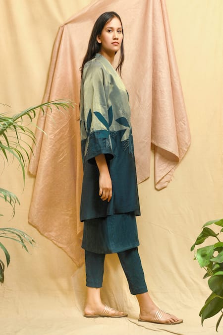 Chambray & CO. Green Chanderi, Tissue, Silk Embroidery V-neck Applique Jacket Set at Aza Fashions Chambray & CO._Green Chanderi, Tissue, Silk Embroidery V-neck Applique Jacket Set _at_Aza_Fashions