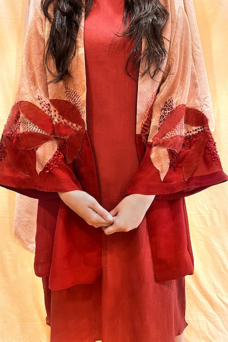 Chambray & CO. Red Tissue, Chanderi, Silk Embroidery, Applique Round Neck Jacket Set Online at Aza Fashions Chambray & CO._Red Tissue, Chanderi, Silk Embroidery, Applique Round Neck Jacket Set _Online_at_Aza_Fashions
