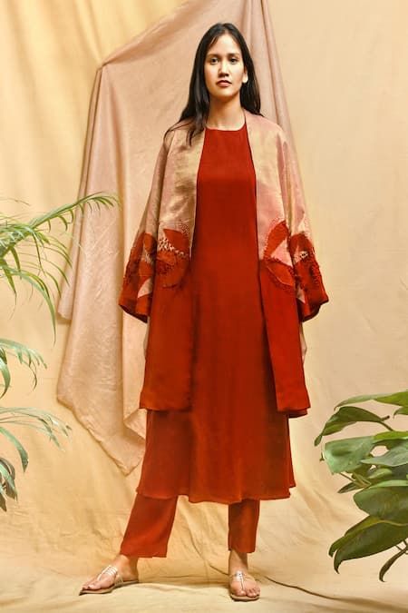 Buy Chambray & CO. Red Tissue, Chanderi, Silk Embroidery, Applique Round Neck Jacket Set Online at Aza Fashions Buy_Chambray & CO._Red Tissue, Chanderi, Silk Embroidery, Applique Round Neck Jacket Set _Online_at_Aza_Fashions