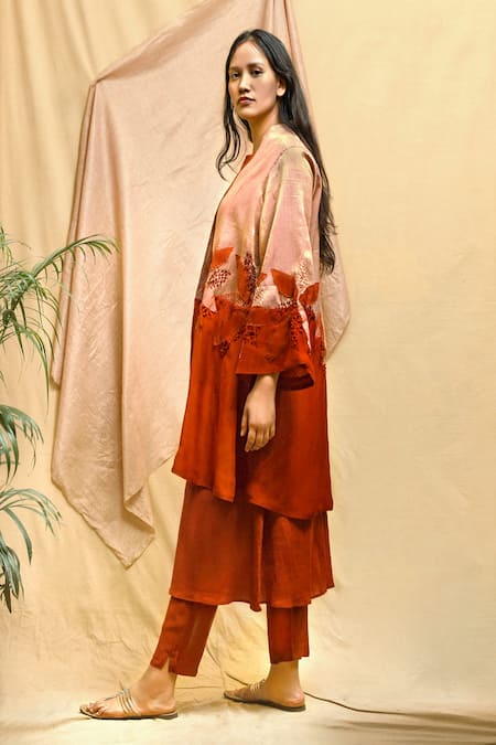 Shop Chambray & CO. Red Tissue, Chanderi, Silk Embroidery, Applique Round Neck Jacket Set Online at Aza Fashions Shop_Chambray & CO._Red Tissue, Chanderi, Silk Embroidery, Applique Round Neck Jacket Set _Online_at_Aza_Fashions