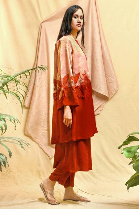 Chambray & CO. Red Tissue, Chanderi, Silk Embroidery, Applique Round Neck Jacket Set at Aza Fashions Chambray & CO._Red Tissue, Chanderi, Silk Embroidery, Applique Round Neck Jacket Set _at_Aza_Fashions