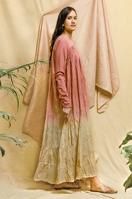 Shop_Chambray & CO._Pink Cotton Embroidery Round Neck Tiered Ombre Maxi Dress _Online_at_Aza_Fashions