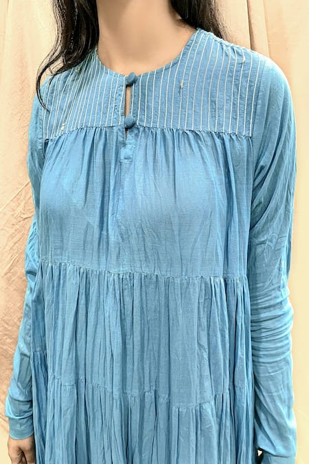Chambray & CO. Blue Cotton Embroidery Round Neck Ombre Tiered Dress Online at Aza Fashions Chambray & CO._Blue Cotton Embroidery Round Neck Ombre Tiered Dress _Online_at_Aza_Fashions