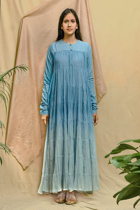 Buy_Chambray & CO._Blue Cotton Embroidery Round Neck Ombre Tiered Dress _Online_at_Aza_Fashions