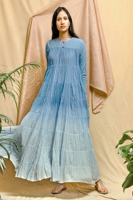 Shop_Chambray & CO._Blue Cotton Embroidery Round Neck Ombre Tiered Dress _Online_at_Aza_Fashions