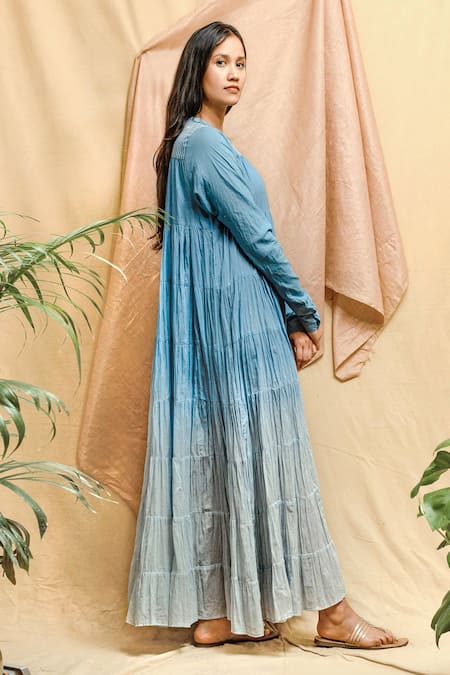 Chambray & CO._Blue Cotton Embroidery Round Neck Ombre Tiered Dress _at_Aza_Fashions