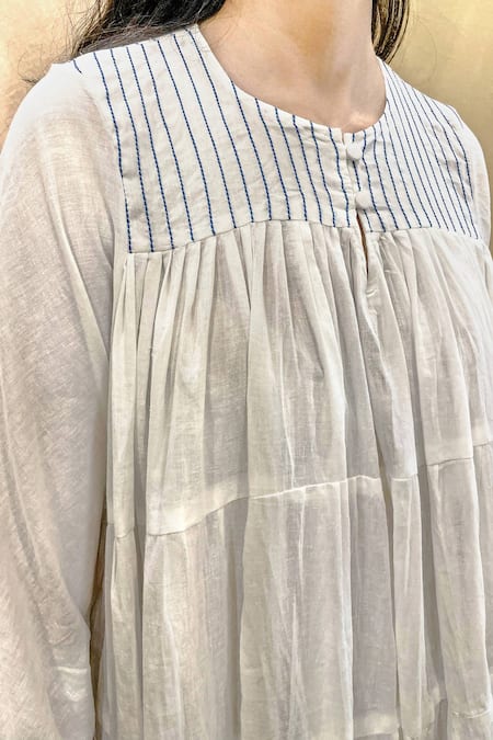 Chambray & CO. White Cotton Embroidery Round Neck Tiered Ombre Dress Online at Aza Fashions Chambray & CO._White Cotton Embroidery Round Neck Tiered Ombre Dress _Online_at_Aza_Fashions