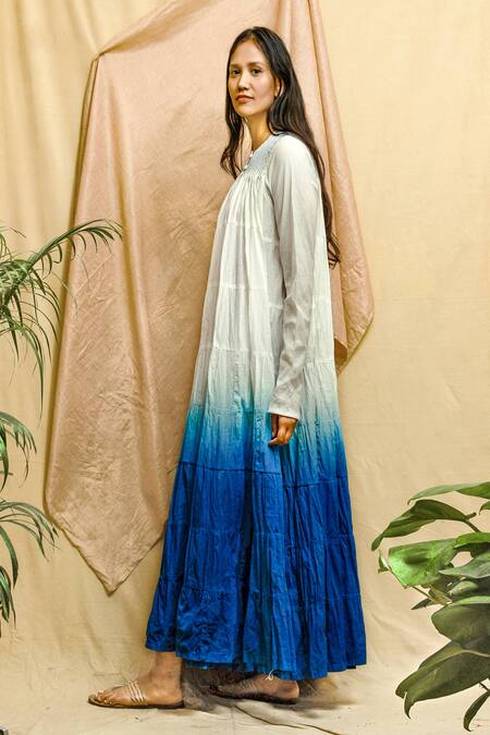 Buy_Chambray & CO._White Cotton Embroidery Round Neck Tiered Ombre Dress _Online_at_Aza_Fashions