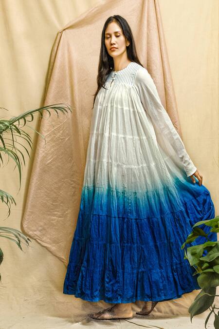 Shop_Chambray & CO._White Cotton Embroidery Round Neck Tiered Ombre Dress _Online_at_Aza_Fashions