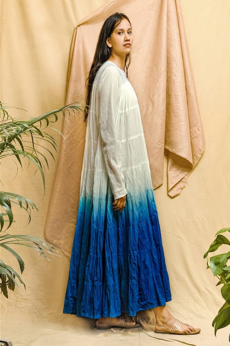 Chambray & CO._White Cotton Embroidery Round Neck Tiered Ombre Dress _at_Aza_Fashions